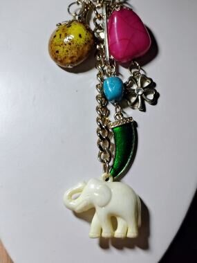 VCLM Gold Tone Charm Necklace Elephant Clover Horseshoe Boho Statement